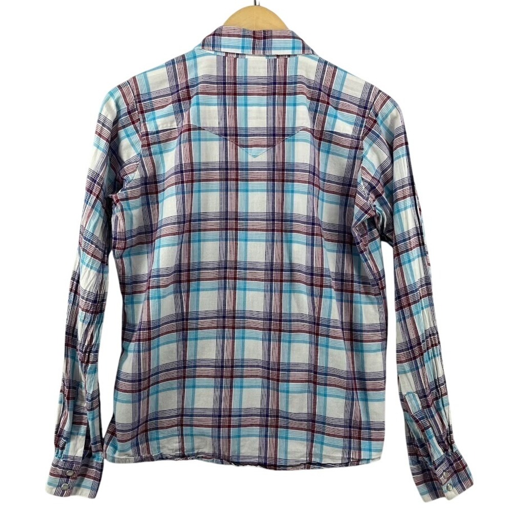 Wrangler Blues Shirt Womens Medium Long Sleeve Pearl Snap Plaid Purple Blue Red - Picture 3 of 9